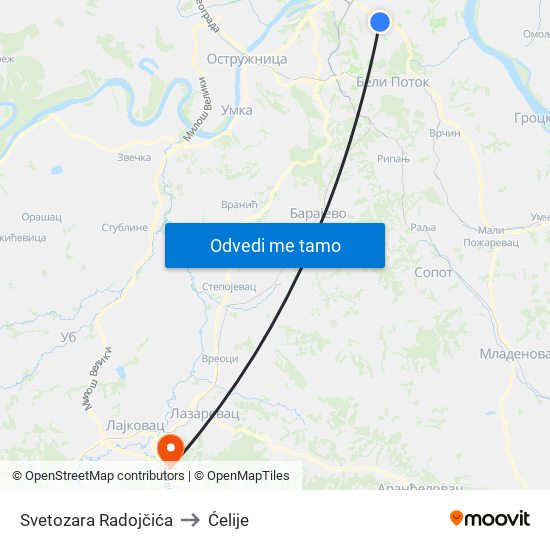 Svetozara Radojčića to Ćelije map