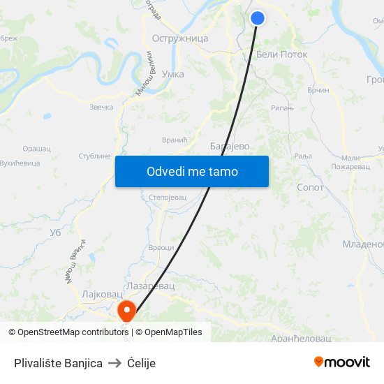 Plivalište Banjica to Ćelije map