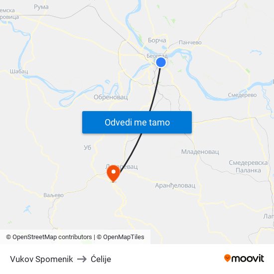 Vukov Spomenik to Ćelije map