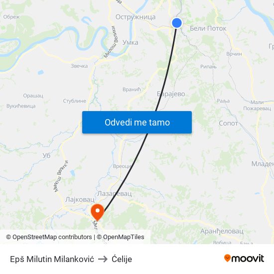 Epš Milutin Milanković to Ćelije map