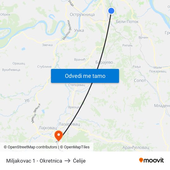 Miljakovac 1 - Okretnica to Ćelije map