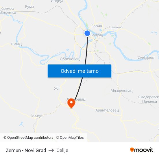 Zemun - Novi Grad to Ćelije map