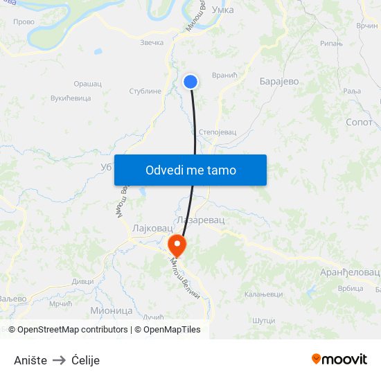 Anište to Ćelije map