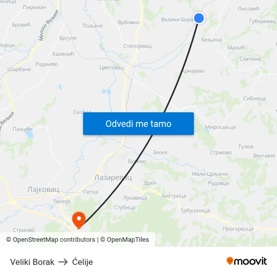 Veliki Borak to Ćelije map