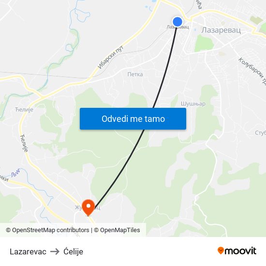 Lazarevac to Ćelije map