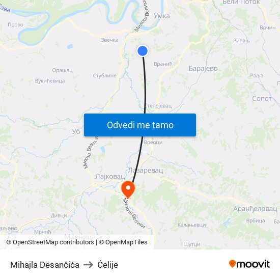 Mihajla Desančića to Ćelije map