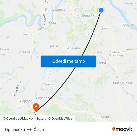 Oplenačka to Ćelije map