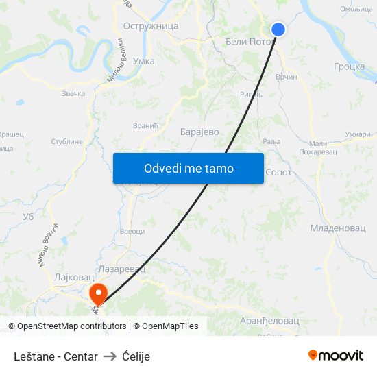 Leštane - Centar to Ćelije map