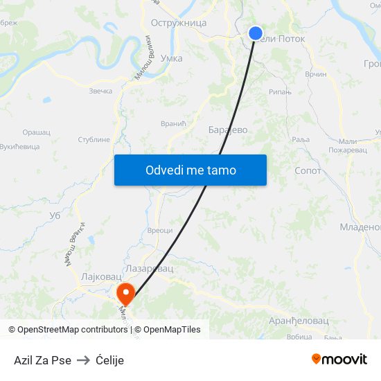 Azil Za Pse to Ćelije map