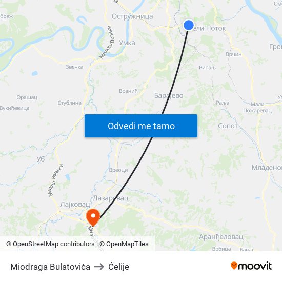 Miodraga Bulatovića to Ćelije map