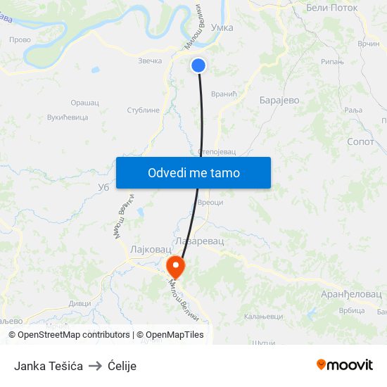 Janka Tešića to Ćelije map