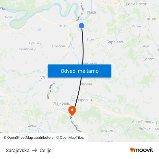 Sarajevska to Ćelije map