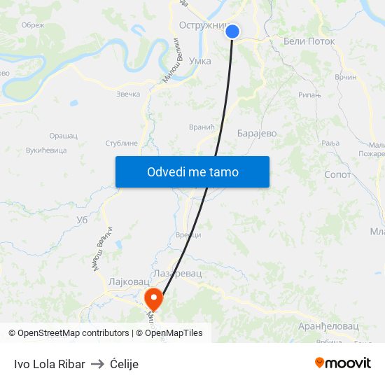 Ivo Lola Ribar to Ćelije map