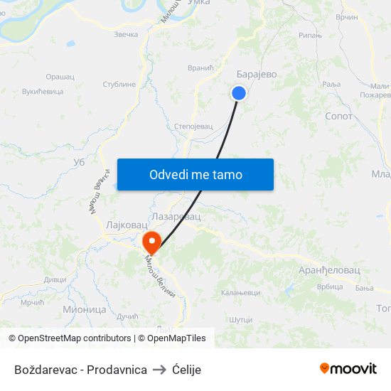 Boždarevac - Prodavnica to Ćelije map