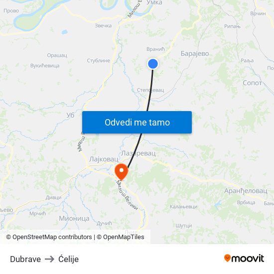 Dubrave to Ćelije map