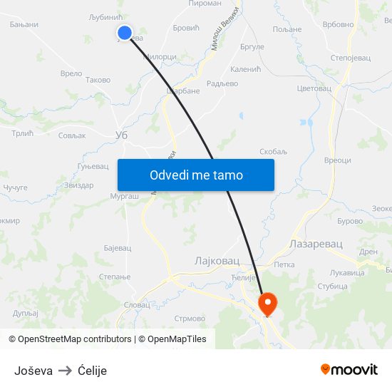 Joševa to Ćelije map