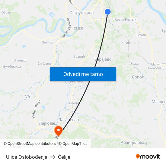 Ulica Oslobođenja to Ćelije map