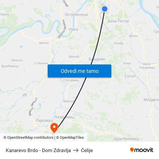 Kanarevo Brdo - Dom Zdravlja to Ćelije map