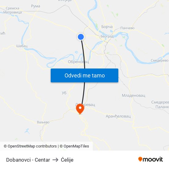 Dobanovci - Centar to Ćelije map