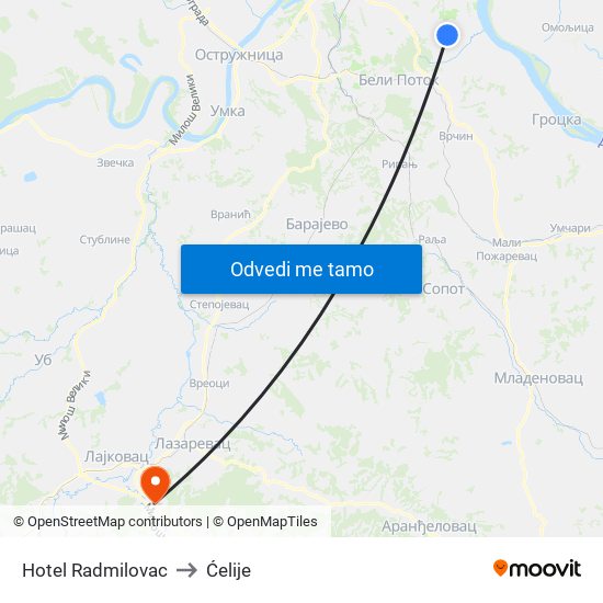 Hotel Radmilovac to Ćelije map