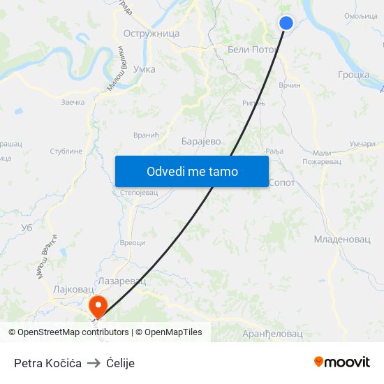 Petra Kočića to Ćelije map