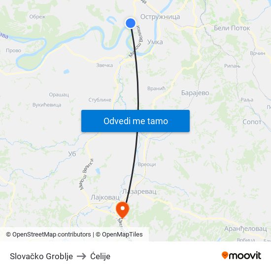 Slovačko Groblje to Ćelije map