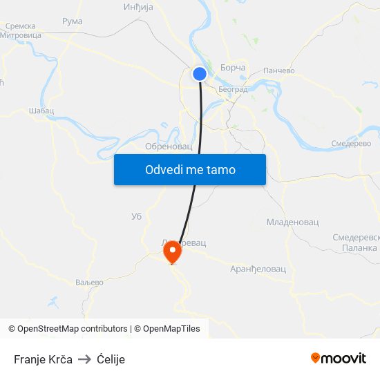 Franje Krča to Ćelije map