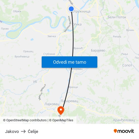 Jakovo to Ćelije map