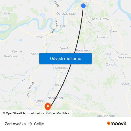 Žarkovačka to Ćelije map