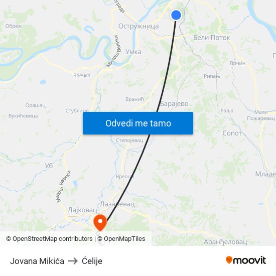 Jovana Mikića to Ćelije map