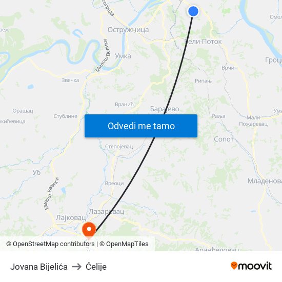 Jovana Bijelića to Ćelije map