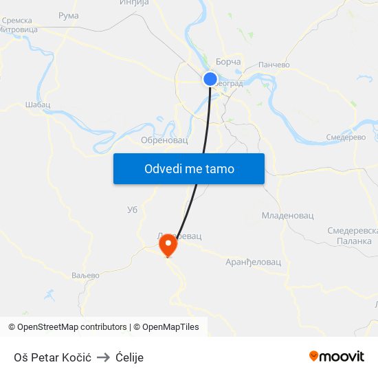 Oš Petar Kočić to Ćelije map