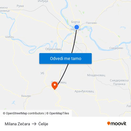 Milana Zečara to Ćelije map