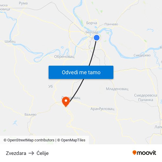 Zvezdara to Ćelije map