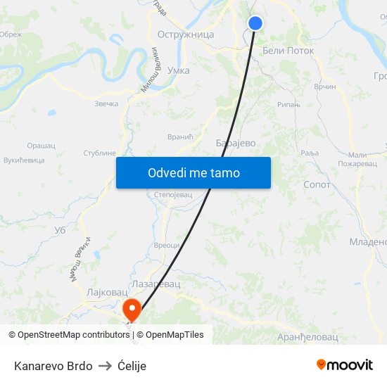 Kanarevo Brdo to Ćelije map