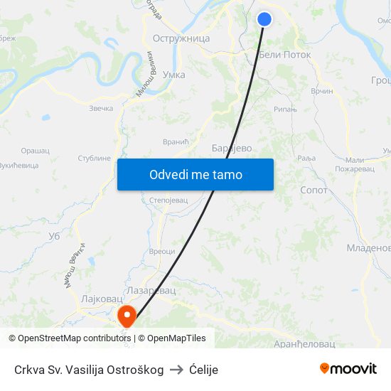 Crkva Sv. Vasilija Ostroškog to Ćelije map