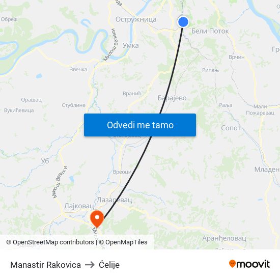 Manastir Rakovica to Ćelije map