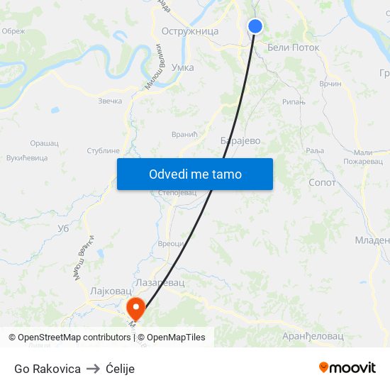 Go Rakovica to Ćelije map