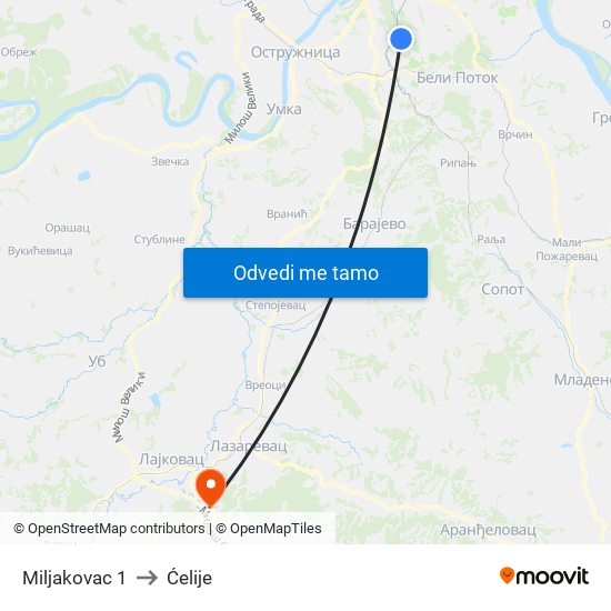 Miljakovac 1 to Ćelije map