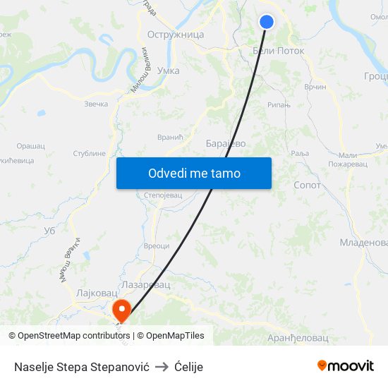 Naselje Stepa Stepanović to Ćelije map