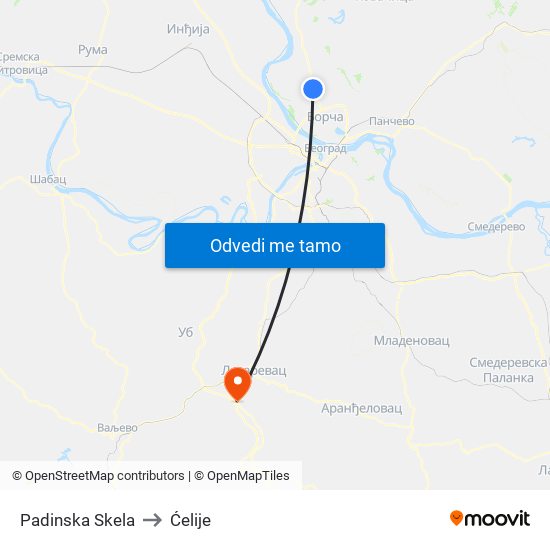 Padinska Skela to Ćelije map