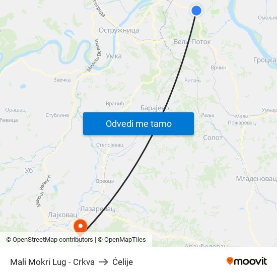 Mali Mokri Lug - Crkva to Ćelije map