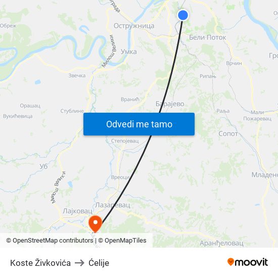 Koste Živkovića to Ćelije map