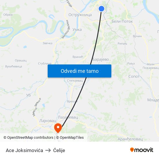 Аce Joksimovića to Ćelije map