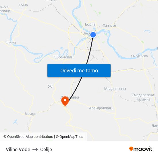 Viline Vode to Ćelije map