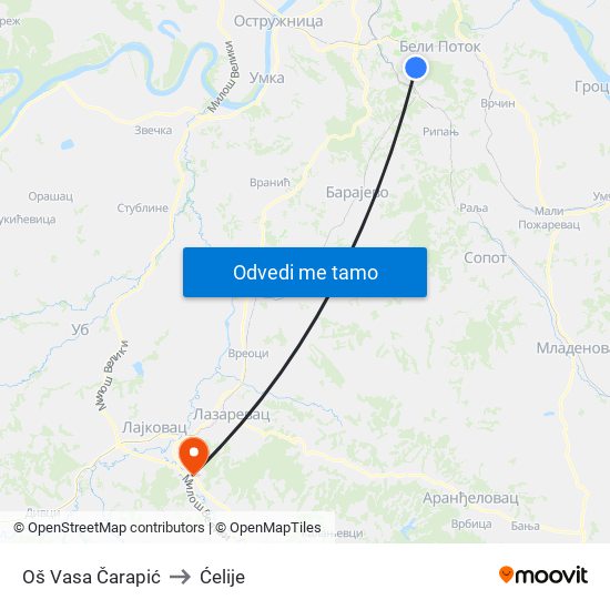 Oš Vasa Čarapić to Ćelije map