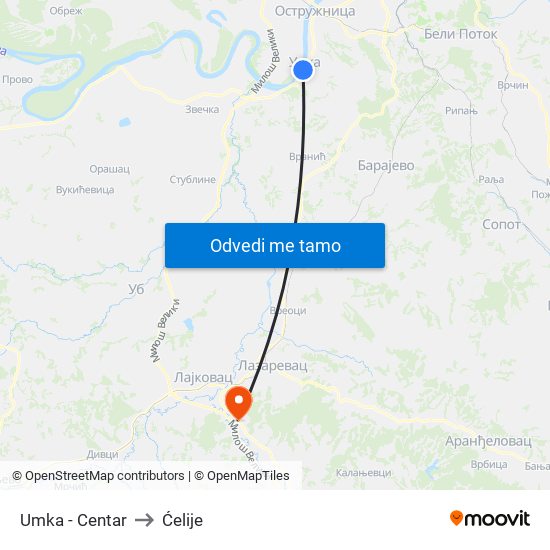 Umka - Centar to Ćelije map