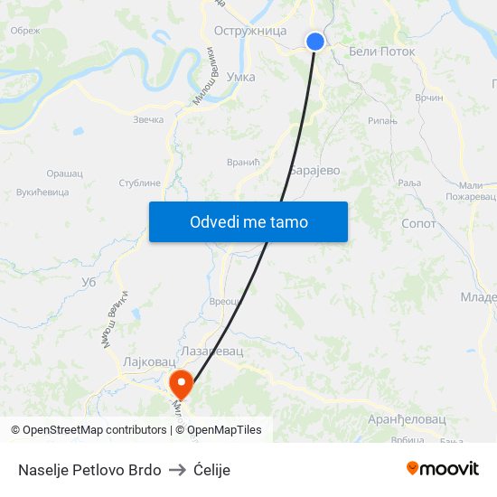 Naselje Petlovo Brdo to Ćelije map