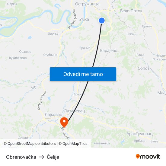 Obrenovačka to Ćelije map