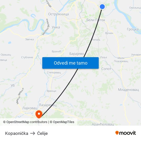 Kopaonička to Ćelije map